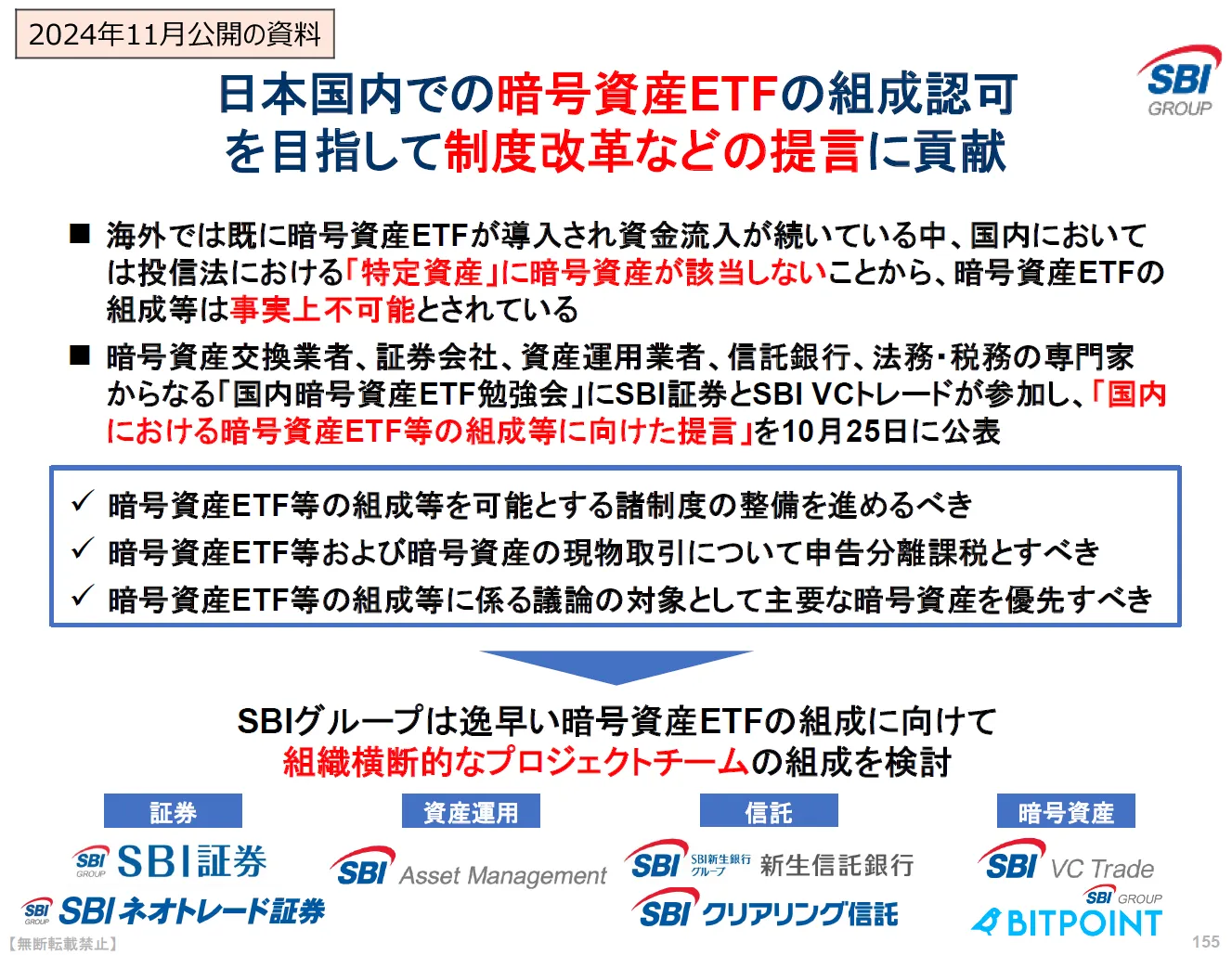 2024年11月のSBIホールディングスの決算説明会の資料（暗号資産ETFに関するページ）