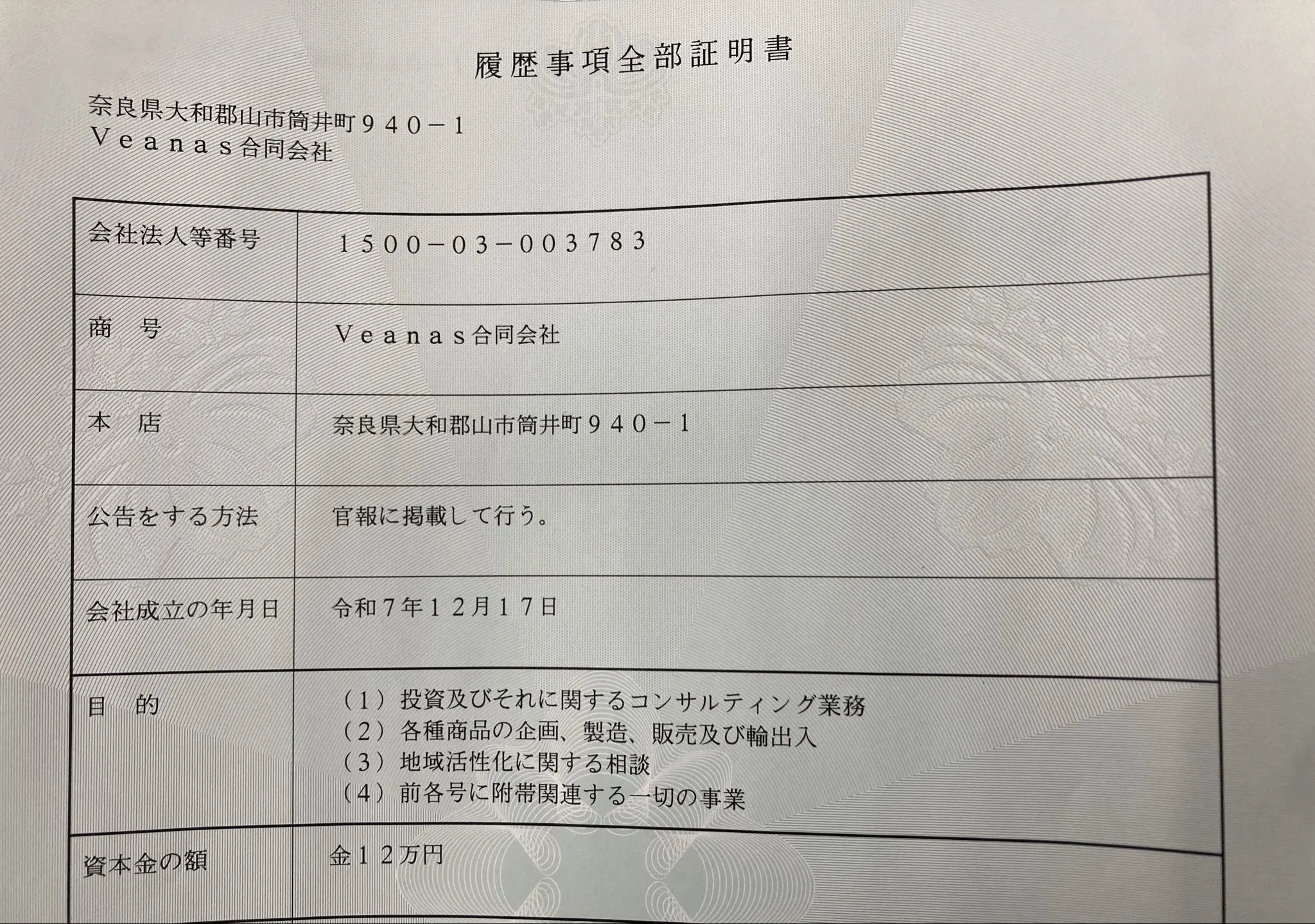 高市首相の後援団体「チームさなえで日本を変える」を運営するVeanas社の登記簿謄本